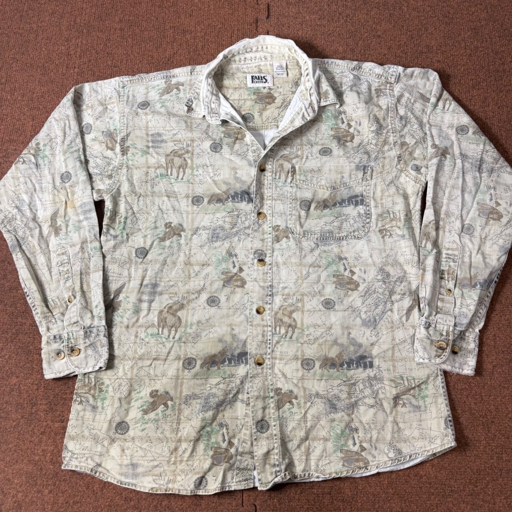 Falls Creek Mens Medium‎ Wildlife Map Print Cotton Button Down Shirt Moose Wolf